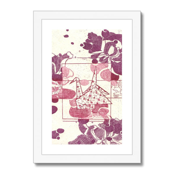 Pink and Purple Paper Crane Framed & Mounted Print